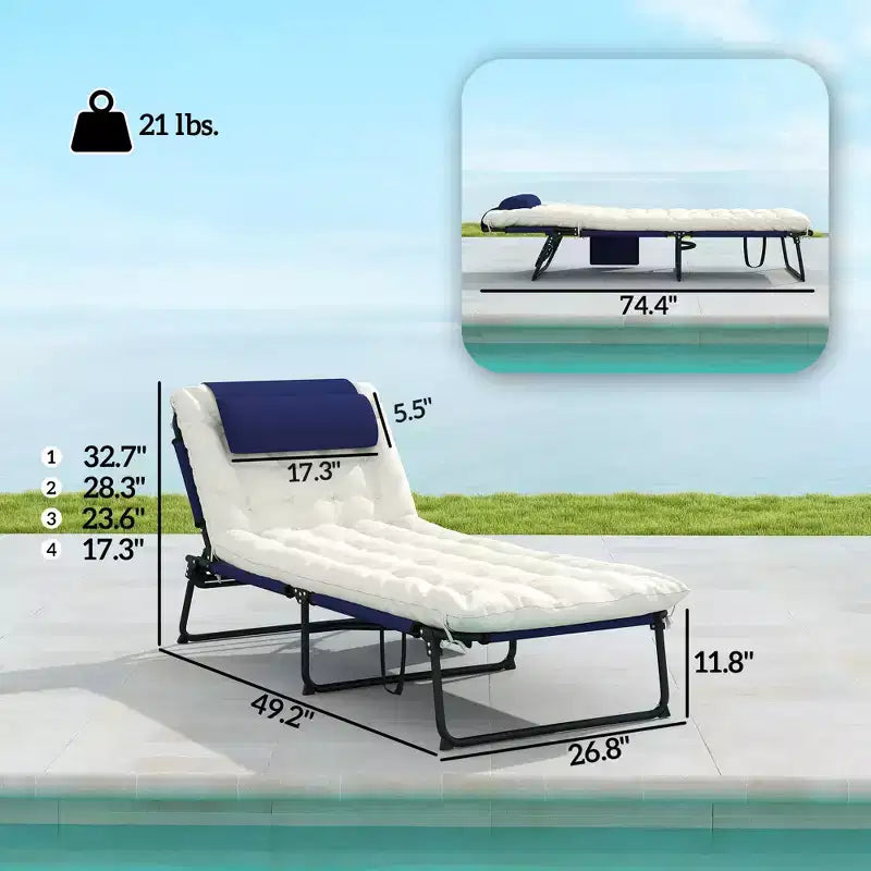 Chaise longue pliante de piscine avec dossier inclinable sur 4 niveaux, coussin, poche latérale, appuie-tête