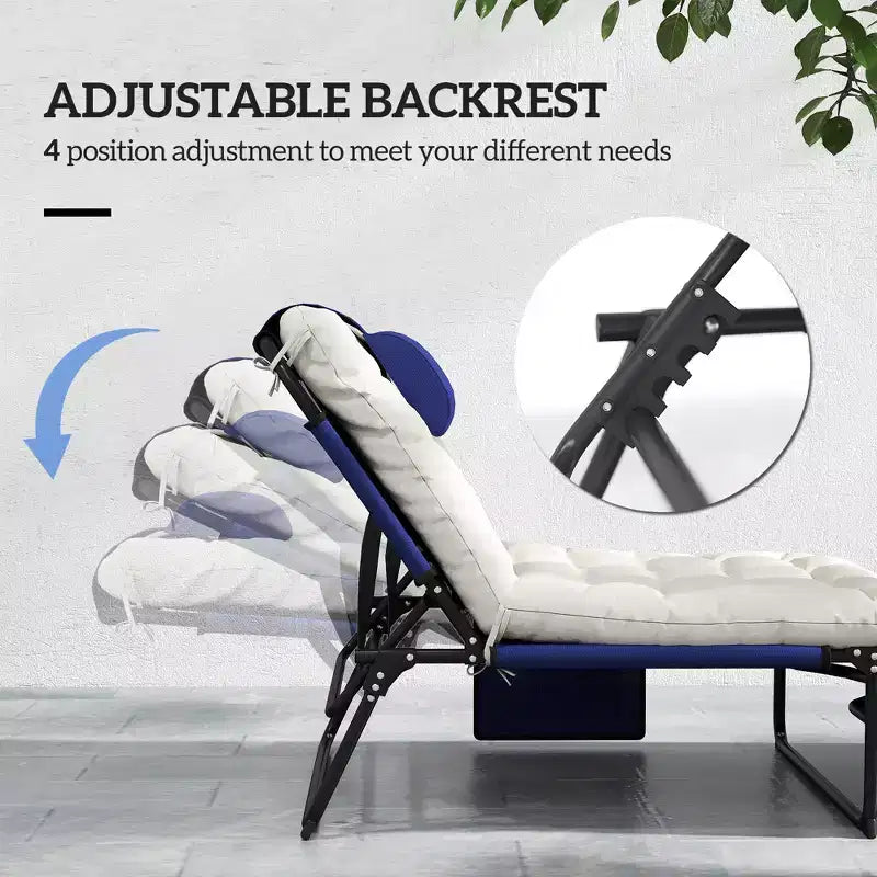 Chaise longue pliante de piscine avec dossier inclinable sur 4 niveaux, coussin, poche latérale, appuie-tête