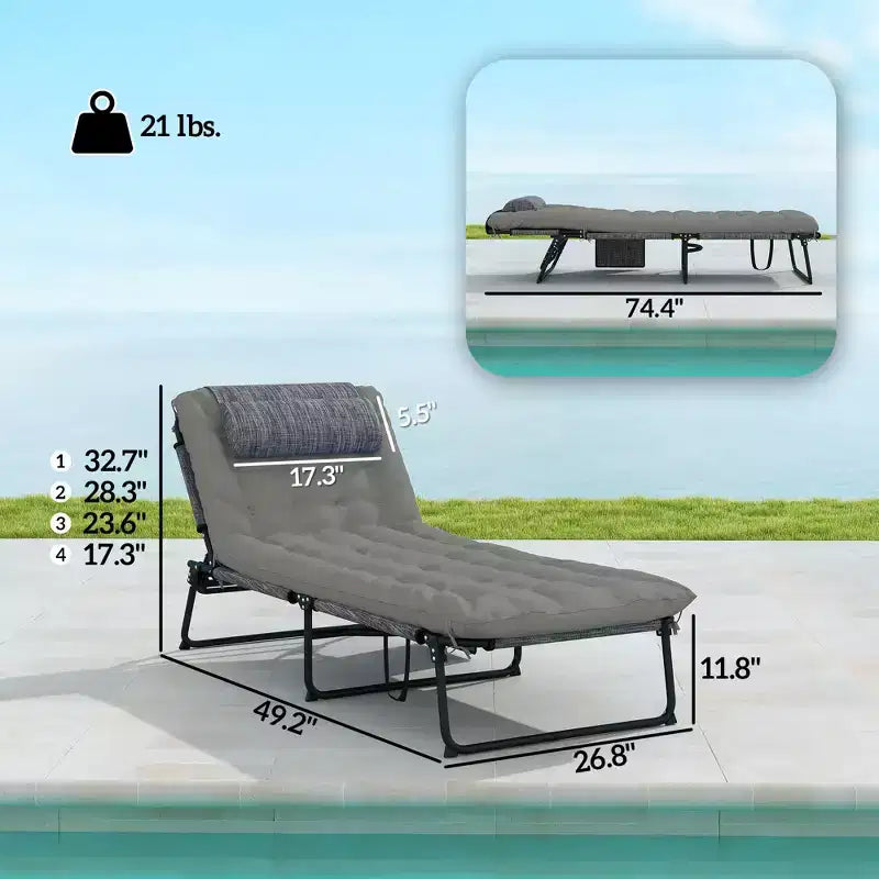 Chaise longue pliante de piscine avec dossier inclinable sur 4 niveaux, coussin, poche latérale, appuie-tête
