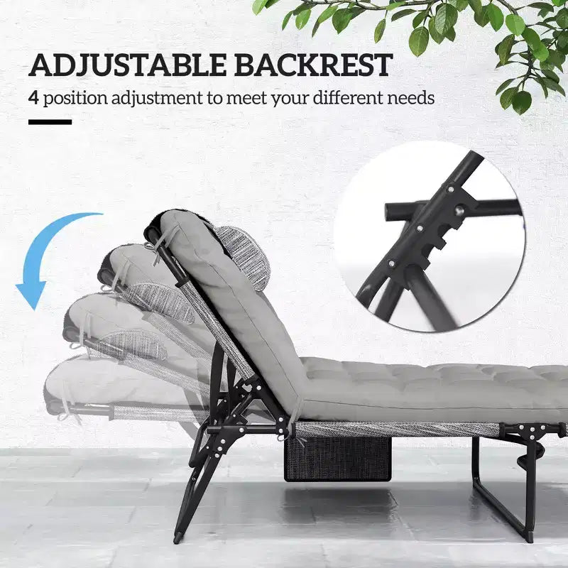 Chaise longue pliante de piscine avec dossier inclinable sur 4 niveaux, coussin, poche latérale, appuie-tête