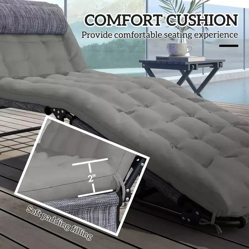 Chaise longue pliante de piscine avec dossier inclinable sur 4 niveaux, coussin, poche latérale, appuie-tête