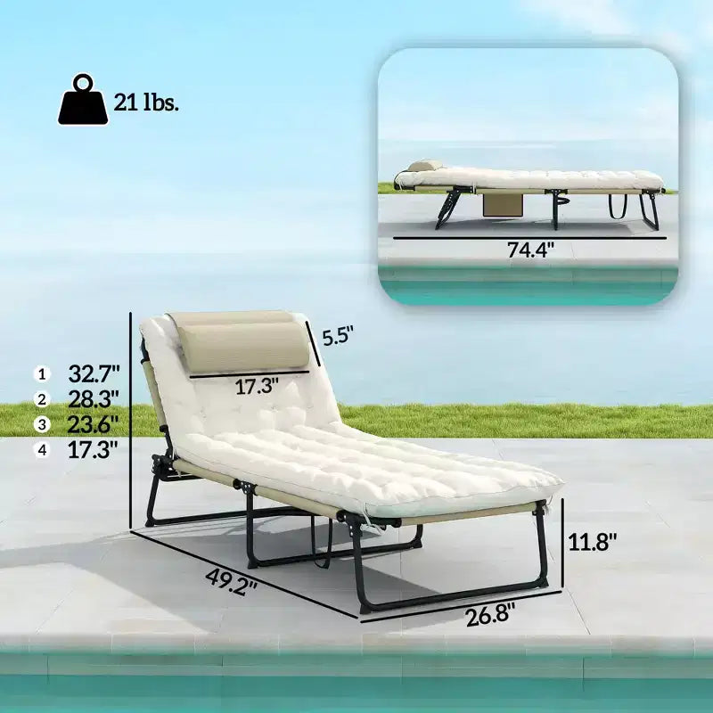 Chaise longue pliante de piscine avec dossier inclinable sur 4 niveaux, coussin, poche latérale, appuie-tête