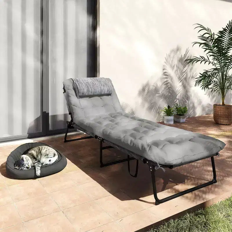Chaise longue pliante de piscine avec dossier inclinable sur 4 niveaux, coussin, poche latérale, appuie-tête