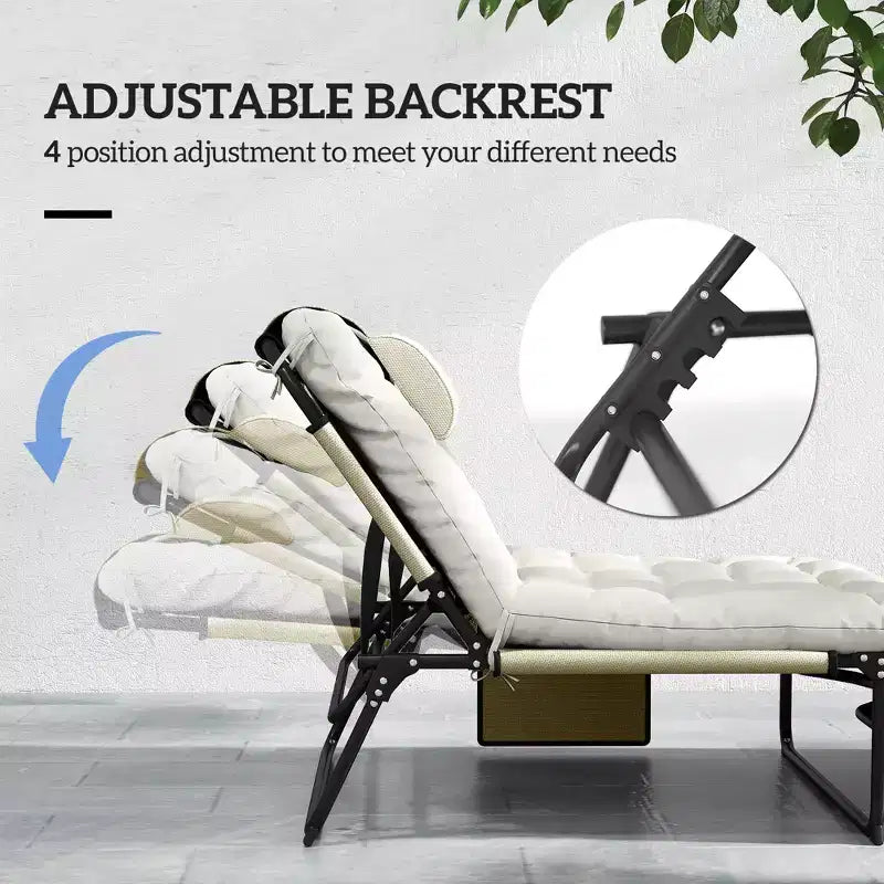 Chaise longue pliante de piscine avec dossier inclinable sur 4 niveaux, coussin, poche latérale, appuie-tête