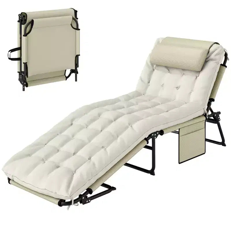Chaise longue pliante de piscine avec dossier inclinable sur 4 niveaux, coussin, poche latérale, appuie-tête