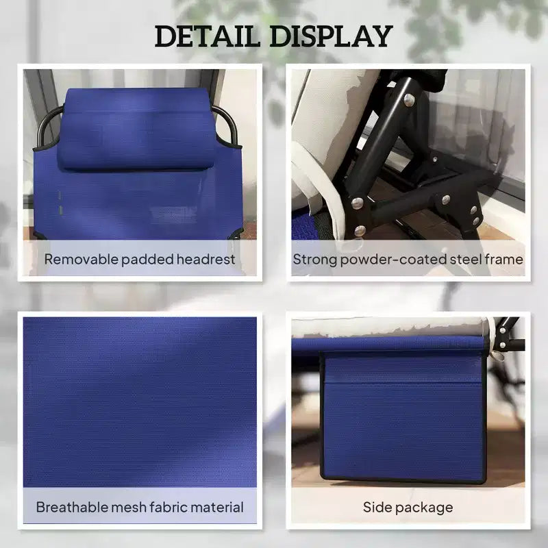 Chaise longue pliante de piscine avec dossier inclinable sur 4 niveaux, coussin, poche latérale, appuie-tête