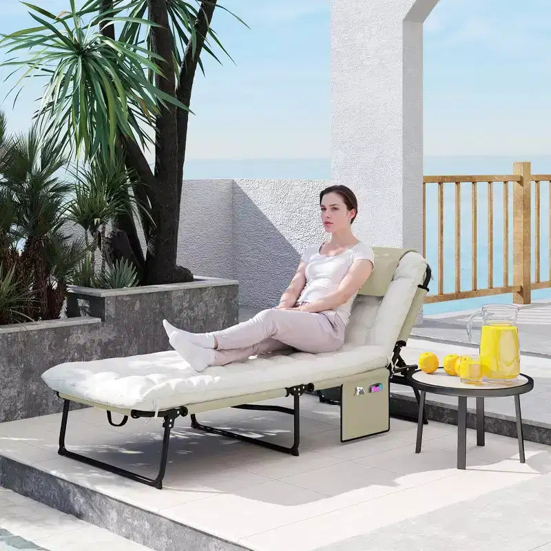 Folding Chaise Lounge Pool Chair with 4-level Reclining Back, Cushion, Side Pocket, Headrest