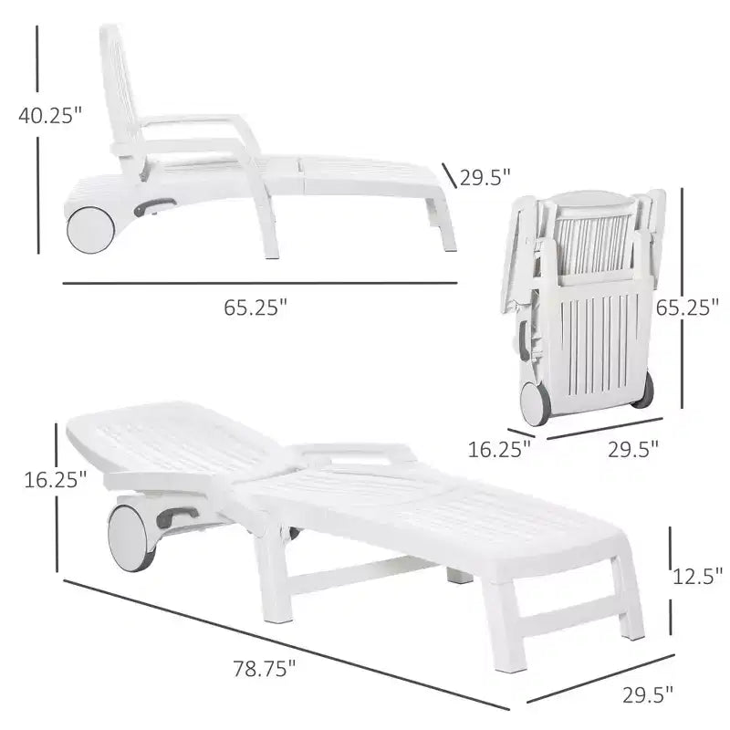 Chaise longue d'extérieur sur roulettes avec coffre de rangement, transat imperméable à montage rapide, conception pliable, dossier réglable sur 5 niveaux pour la piscine