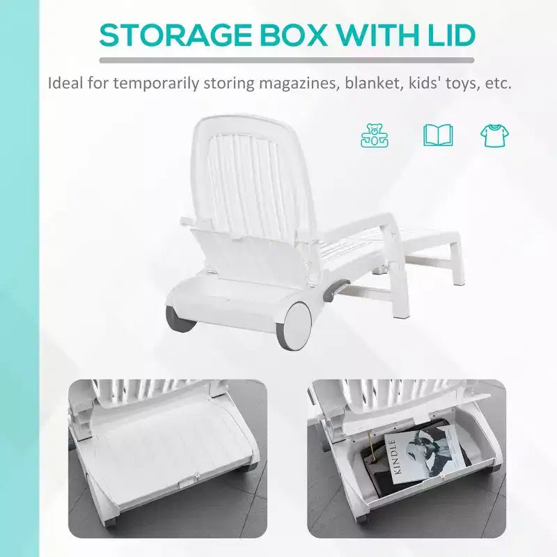 Chaise longue d'extérieur sur roulettes avec coffre de rangement, transat imperméable à montage rapide, conception pliable, dossier réglable sur 5 niveaux pour la piscine