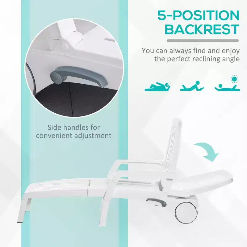 Chaise longue d'extérieur sur roulettes avec coffre de rangement, transat imperméable à montage rapide, conception pliable, dossier réglable sur 5 niveaux pour la piscine