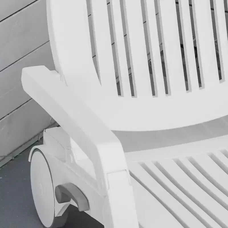 Chaise longue d'extérieur sur roulettes avec coffre de rangement, transat imperméable à montage rapide, conception pliable, dossier réglable sur 5 niveaux pour la piscine