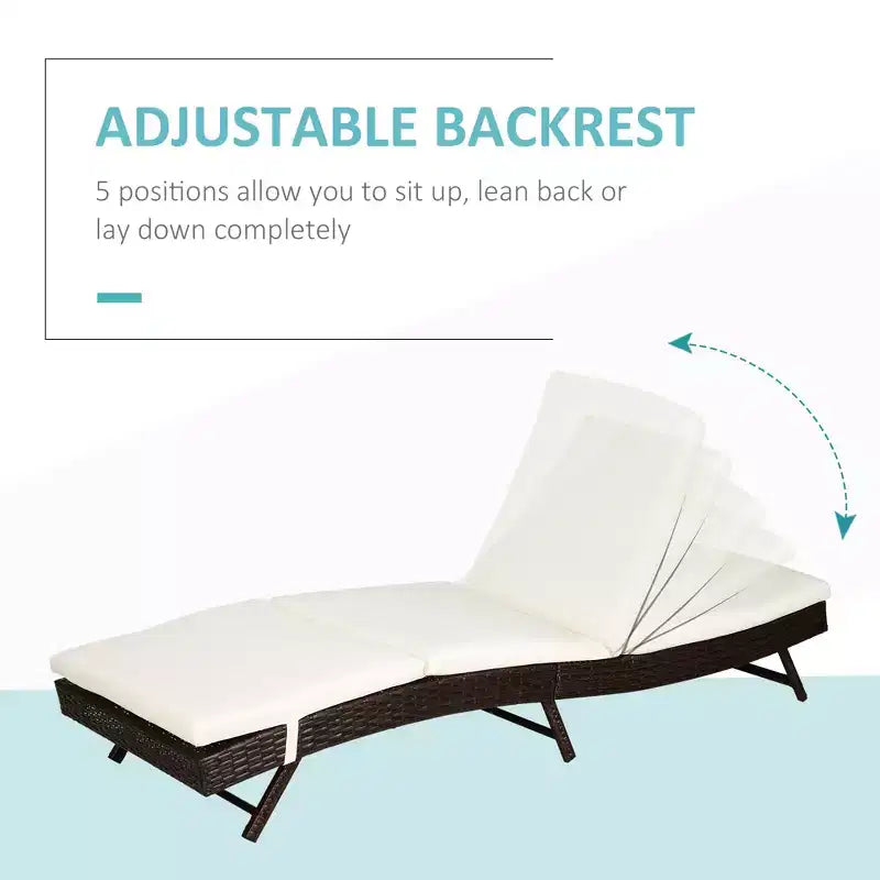 Chaise longue de patio, transat de piscine avec dossier réglable sur 5 positions et coussin, bain de soleil extérieur en rotin PE, 78,75 x 28 x 35