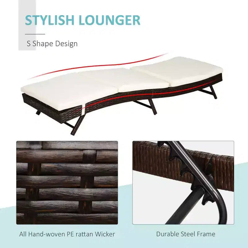 Chaise longue de patio, transat de piscine avec dossier réglable sur 5 positions et coussin, bain de soleil extérieur en rotin PE, 78,75 x 28 x 35