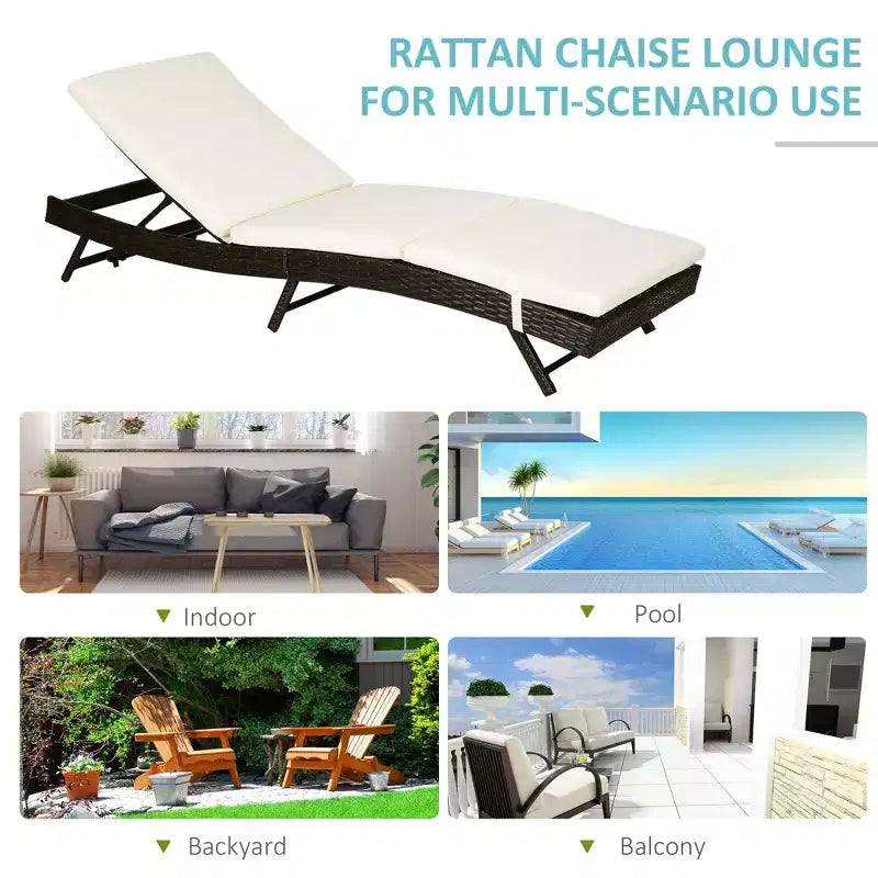 Chaise longue de patio, transat de piscine avec dossier réglable sur 5 positions et coussin, bain de soleil extérieur en rotin PE, 78,75 x 28 x 35