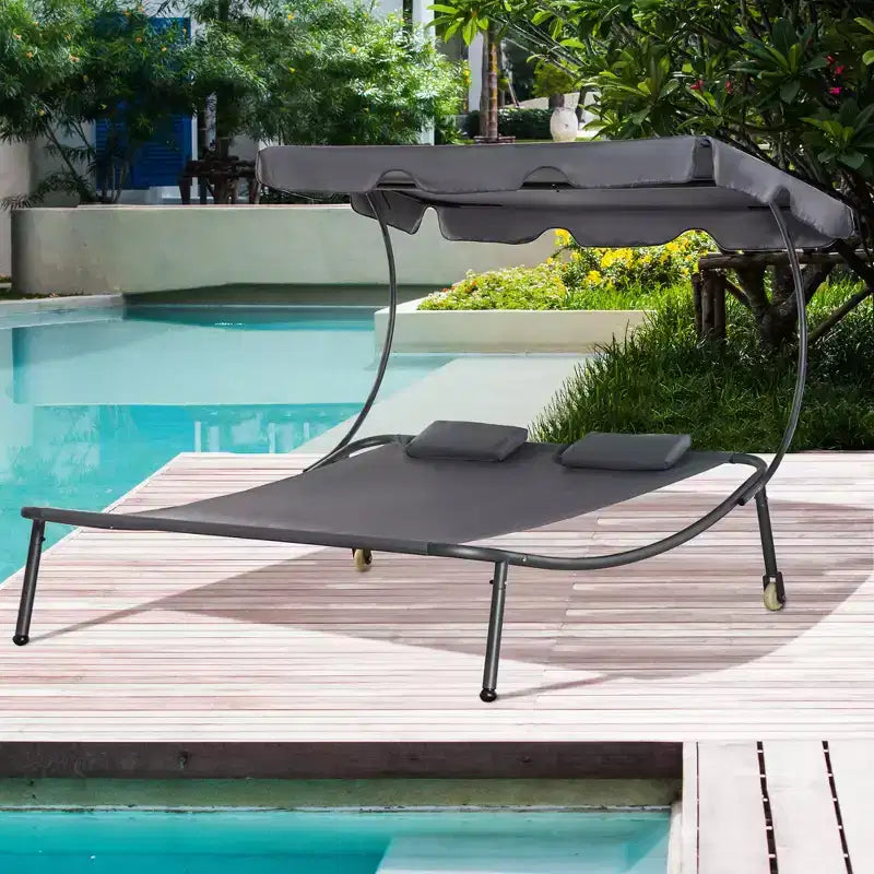 Chaise longue double de patio, lit de repos extérieur à roulettes avec auvent réglable et oreiller pour véranda, jardin ou bord de piscine