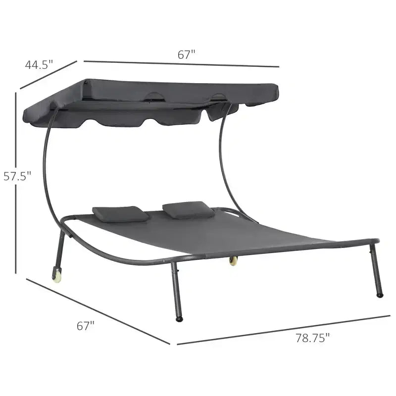 Chaise longue double de patio, lit de repos extérieur à roulettes avec auvent réglable et oreiller pour véranda, jardin ou bord de piscine