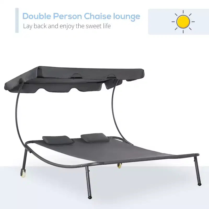 Chaise longue double de patio, lit de repos extérieur à roulettes avec auvent réglable et oreiller pour véranda, jardin ou bord de piscine