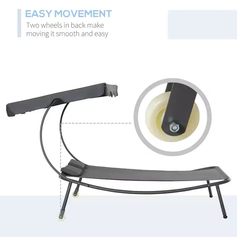 Chaise longue double de patio, lit de repos extérieur à roulettes avec auvent réglable et oreiller pour véranda, jardin ou bord de piscine