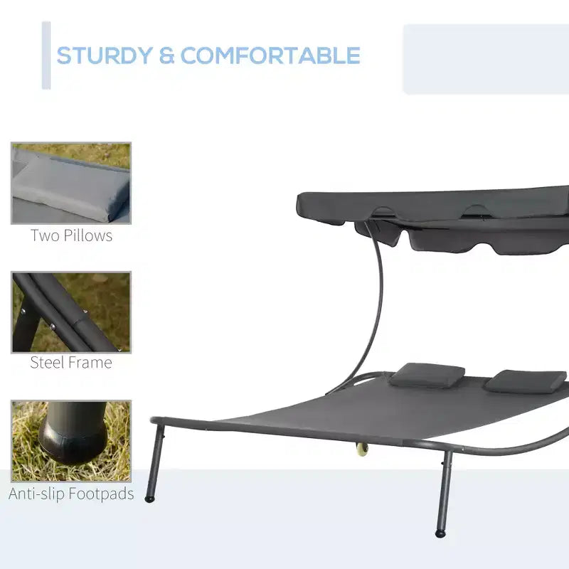 Chaise longue double de patio, lit de repos extérieur à roulettes avec auvent réglable et oreiller pour véranda, jardin ou bord de piscine