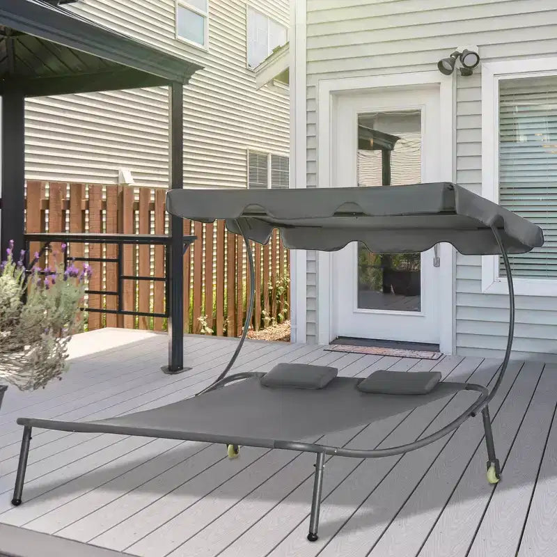 Chaise longue double de patio, lit de repos extérieur à roulettes avec auvent réglable et oreiller pour véranda, jardin ou bord de piscine