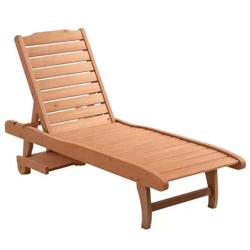 Chaise Lounge Chair Outdoor Wooden Pool Lounge Chair with 3-level Adjustable Backrest, Built-In Table and Rolling Wheels