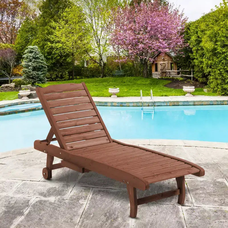 Chaise longue d'extérieur en bois avec dossier réglable sur 3 niveaux, table intégrée et roulettes