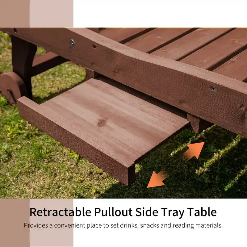 Chaise longue d'extérieur en bois avec dossier réglable sur 3 niveaux, table intégrée et roulettes