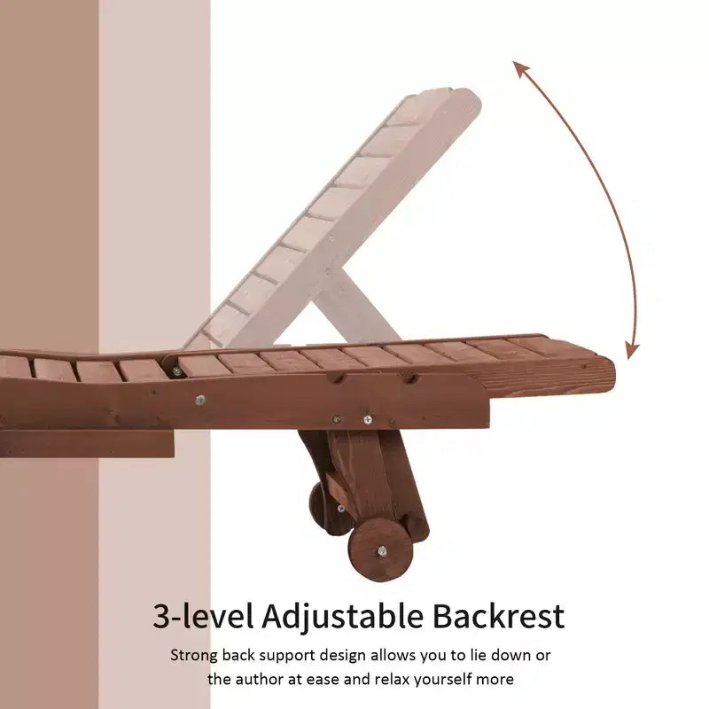 Chaise longue d'extérieur en bois avec dossier réglable sur 3 niveaux, table intégrée et roulettes