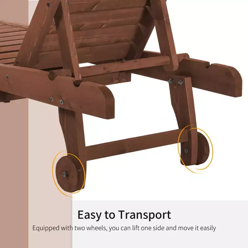 Chaise longue d'extérieur en bois avec dossier réglable sur 3 niveaux, table intégrée et roulettes