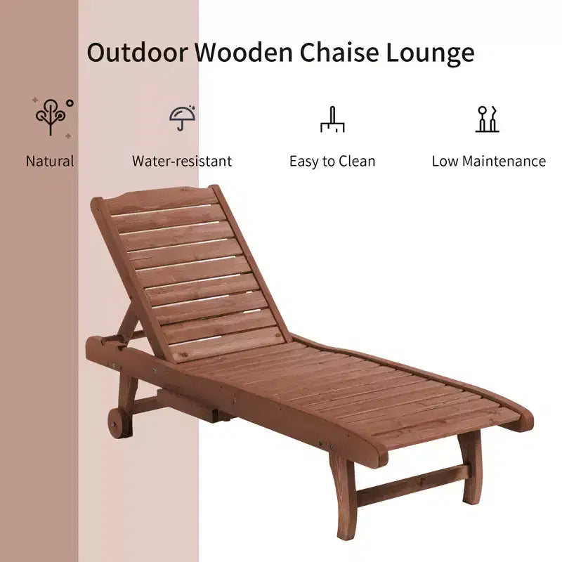 Chaise longue d'extérieur en bois avec dossier réglable sur 3 niveaux, table intégrée et roulettes