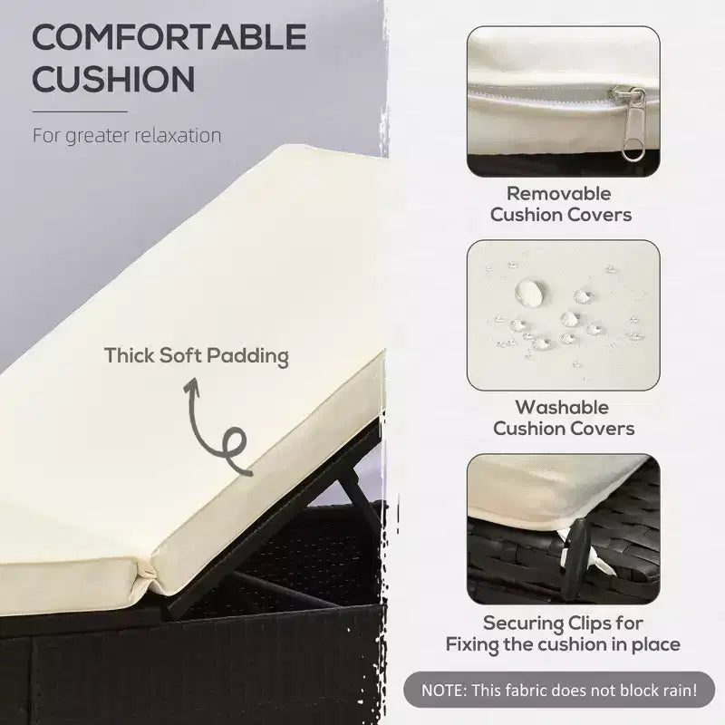 Ensemble de 2 chaises longues avec dossier réglable sur 5 positions, table basse d'extérieur, coussins déperlants, chaises de piscine en rotin PE