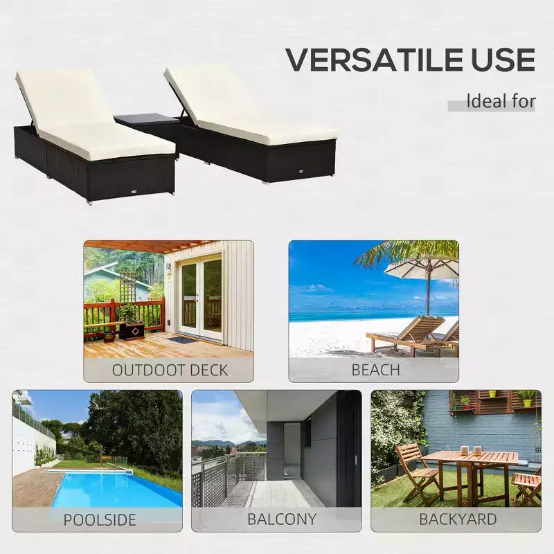 Ensemble de 2 chaises longues avec dossier réglable sur 5 positions, table basse d'extérieur, coussins déperlants, chaises de piscine en rotin PE