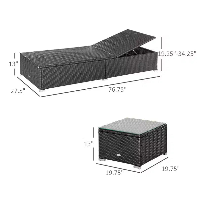 Ensemble de 2 chaises longues avec dossier réglable sur 5 positions, table basse d'extérieur, coussins déperlants, chaises de piscine en rotin PE