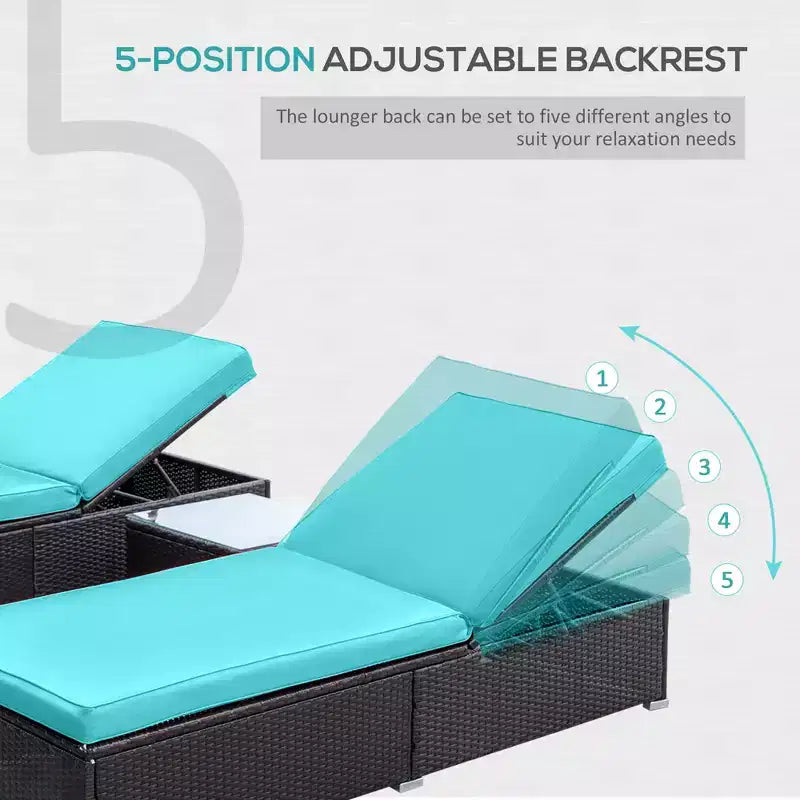 Ensemble de 2 chaises longues avec dossier réglable sur 5 positions, table basse d'extérieur, coussins déperlants, chaises de piscine en rotin PE