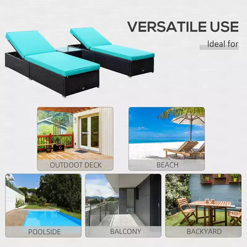 Ensemble de 2 chaises longues avec dossier réglable sur 5 positions, table basse d'extérieur, coussins déperlants, chaises de piscine en rotin PE
