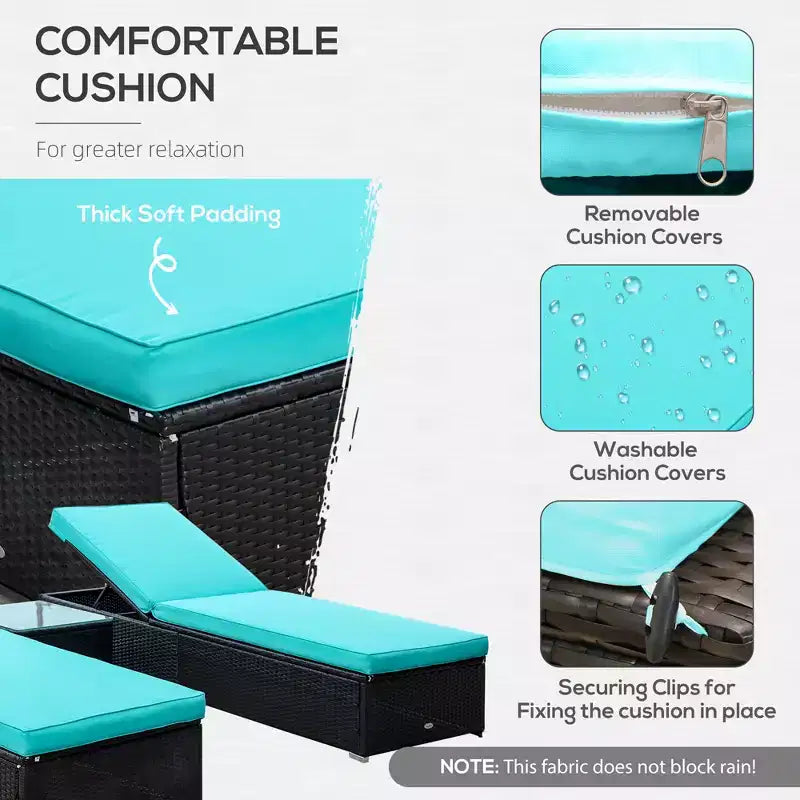 Ensemble de 2 chaises longues avec dossier réglable sur 5 positions, table basse d'extérieur, coussins déperlants, chaises de piscine en rotin PE