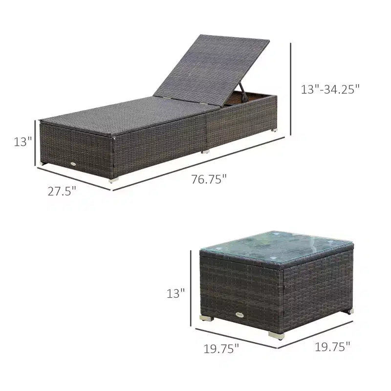 Ensemble de 2 chaises longues avec dossier réglable sur 5 positions, table basse d'extérieur, coussins déperlants, chaises de piscine en rotin PE