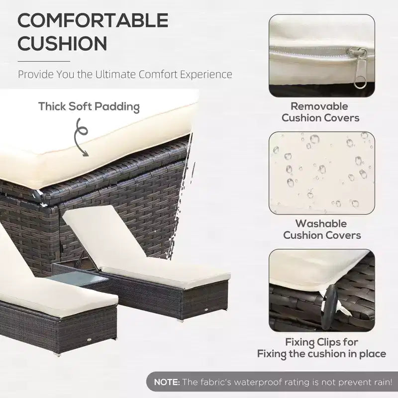 Ensemble de 2 chaises longues avec dossier réglable sur 5 positions, table basse d'extérieur, coussins déperlants, chaises de piscine en rotin PE