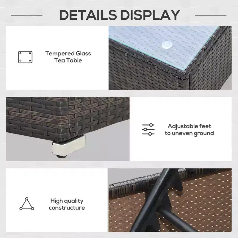 Ensemble de 2 chaises longues avec dossier réglable sur 5 positions, table basse d'extérieur, coussins déperlants, chaises de piscine en rotin PE