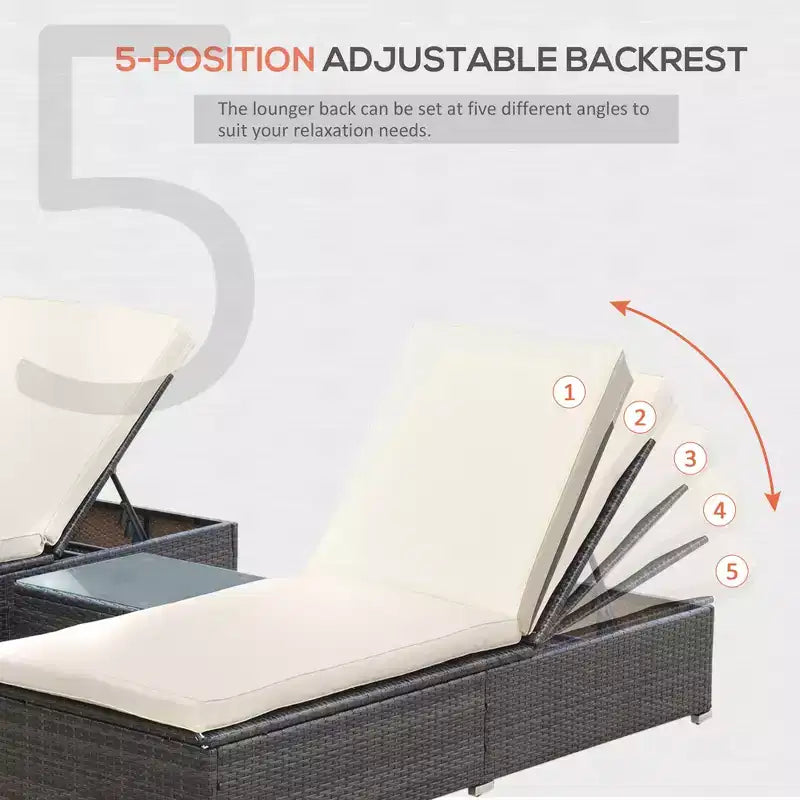 Ensemble de 2 chaises longues avec dossier réglable sur 5 positions, table basse d'extérieur, coussins déperlants, chaises de piscine en rotin PE