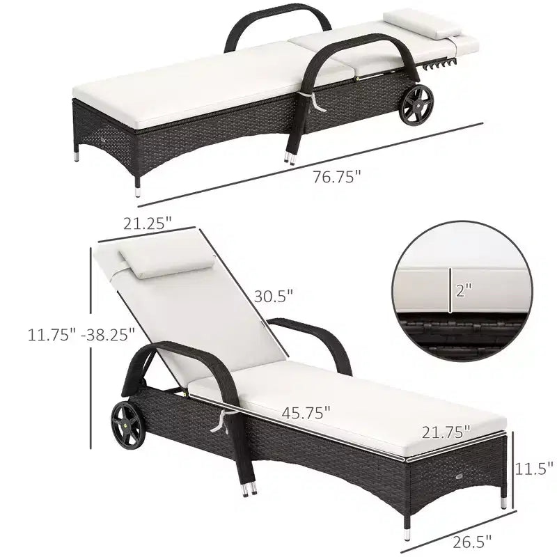 Chaise longue d'extérieur, chaise longue de piscine en rotin à dossier réglable sur 5 niveaux avec roues, coussin et appui-tête