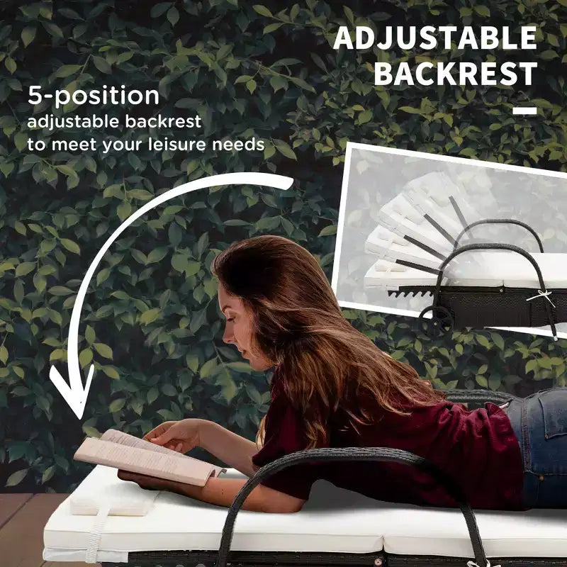 Chaise longue d'extérieur, chaise longue de piscine en rotin à dossier réglable sur 5 niveaux avec roues, coussin et appui-tête