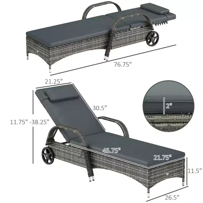 Chaise longue d'extérieur, chaise longue de piscine en rotin à dossier réglable sur 5 niveaux avec roues, coussin et appui-tête