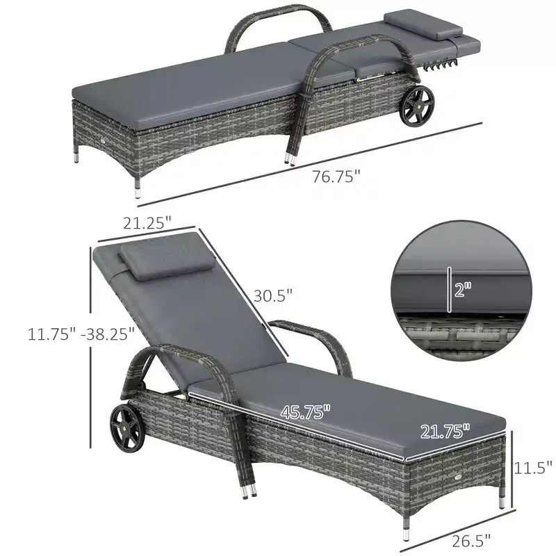 Chaise longue d'extérieur, chaise longue de piscine en rotin à dossier réglable sur 5 niveaux avec roues, coussin et appui-tête