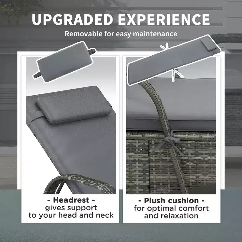 Chaise longue d'extérieur, chaise longue de piscine en rotin à dossier réglable sur 5 niveaux avec roues, coussin et appui-tête