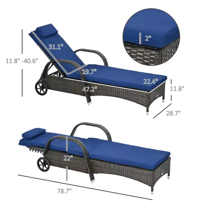 Chaise longue d'extérieur, chaise longue de piscine en rotin à dossier réglable sur 5 niveaux avec roues, coussin et appui-tête