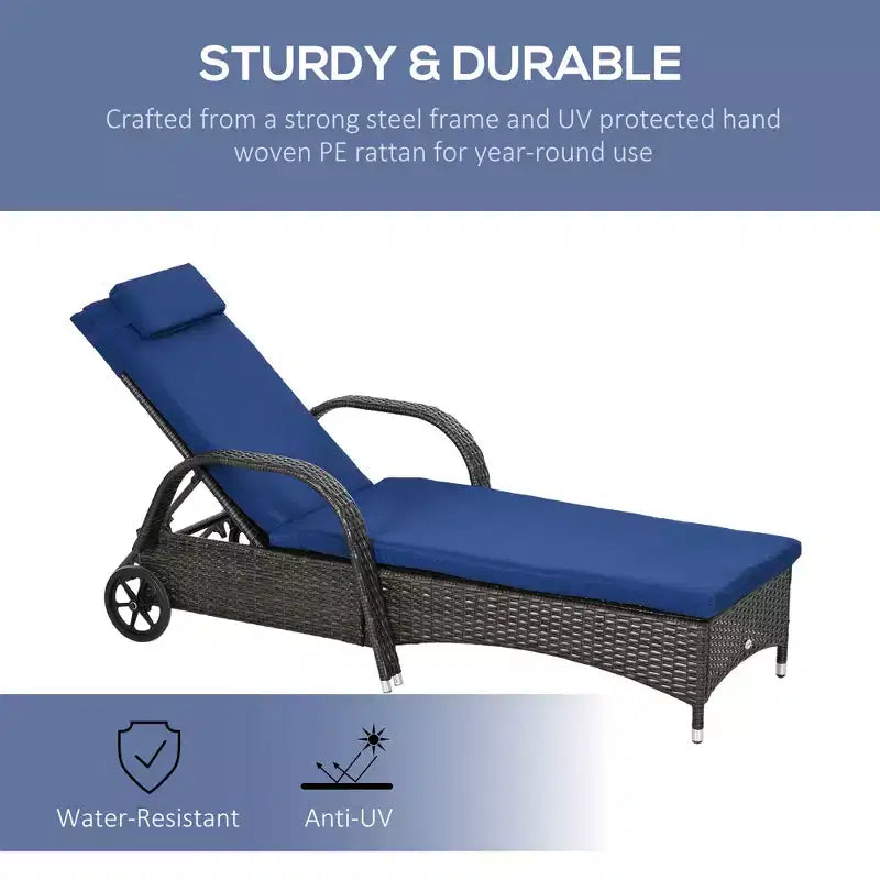 Chaise longue d'extérieur, chaise longue de piscine en rotin à dossier réglable sur 5 niveaux avec roues, coussin et appui-tête