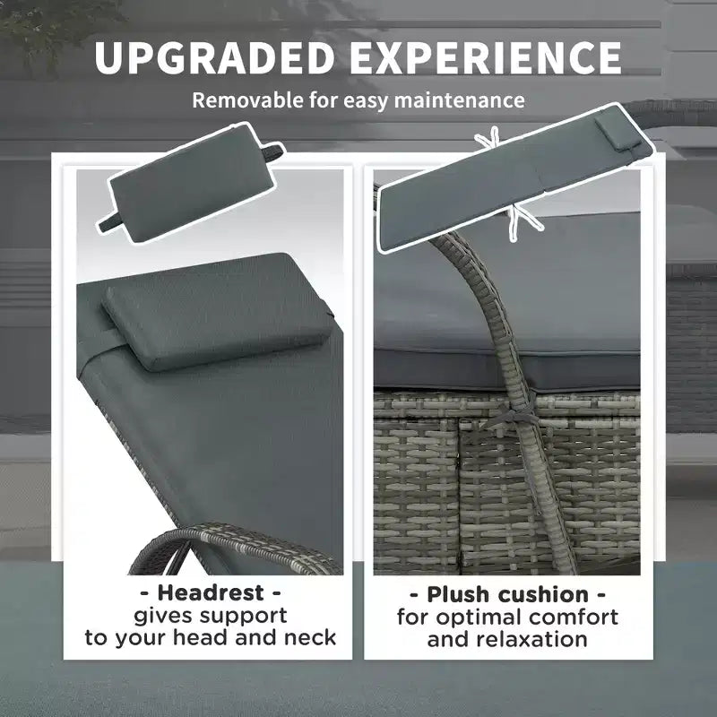 Chaise longue d'extérieur, chaise longue de piscine en rotin à dossier réglable sur 5 niveaux avec roues, coussin et appui-tête