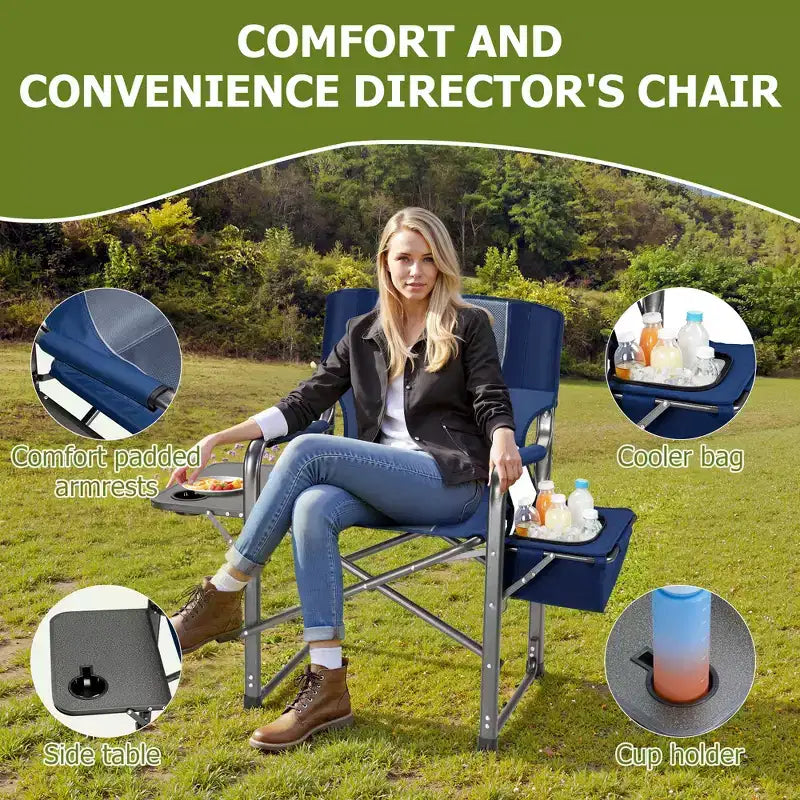 Chaise de camping pliante extra-large SUGIFT avec sac isotherme, table d'appoint et siège rembourré, capacité de 180 kg
