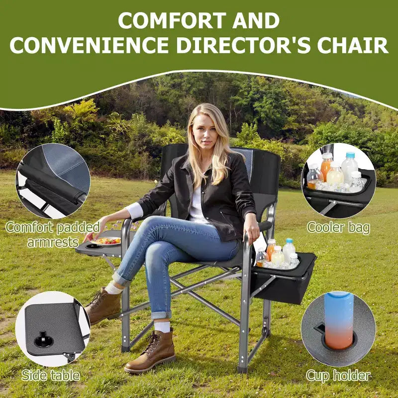 Chaise de camping pliante extra-large SUGIFT avec sac isotherme, table d'appoint et siège rembourré, capacité de 180 kg